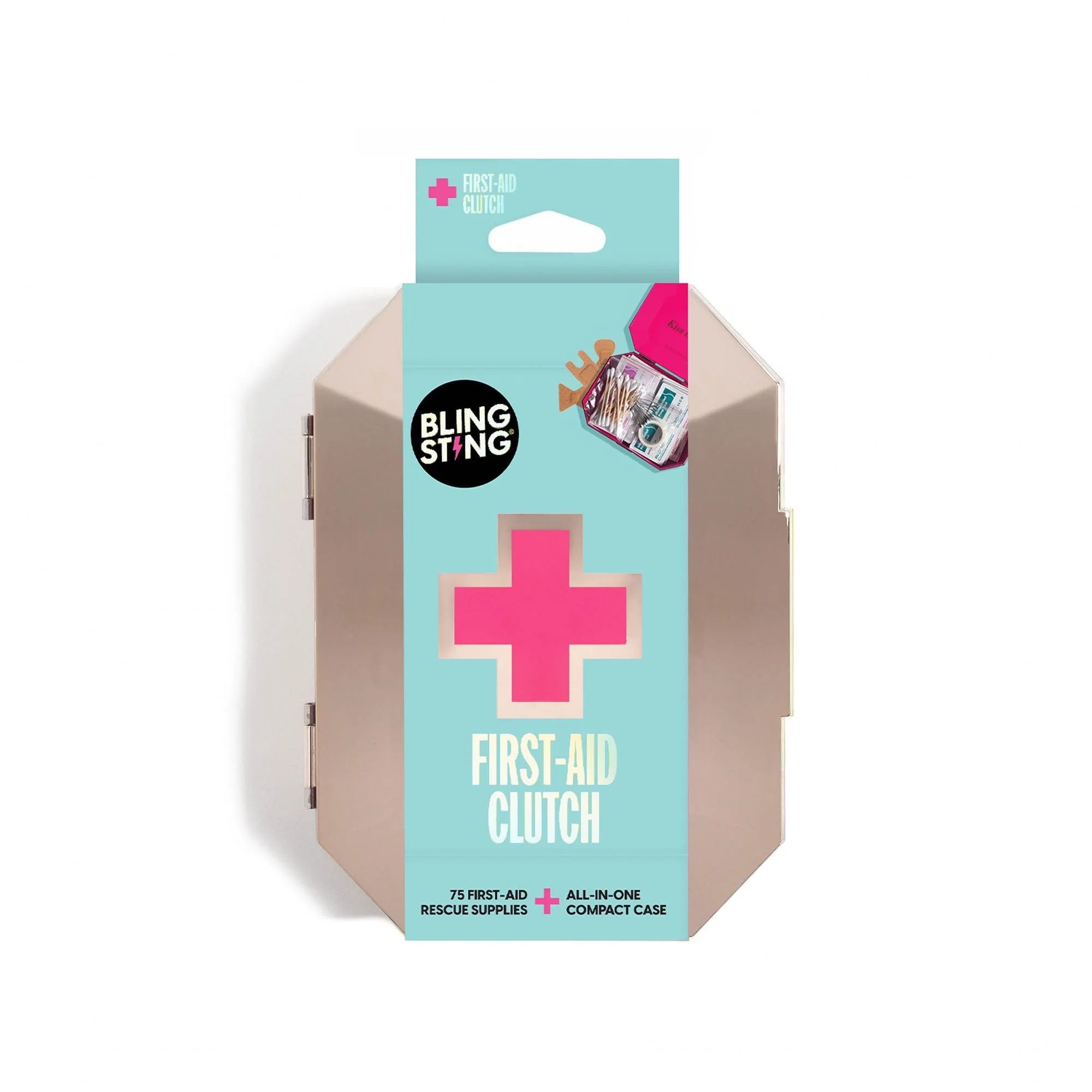 Metallic gemstone-shaped first-aid kit clutch with 75 emergency supplies from Funky Confetti